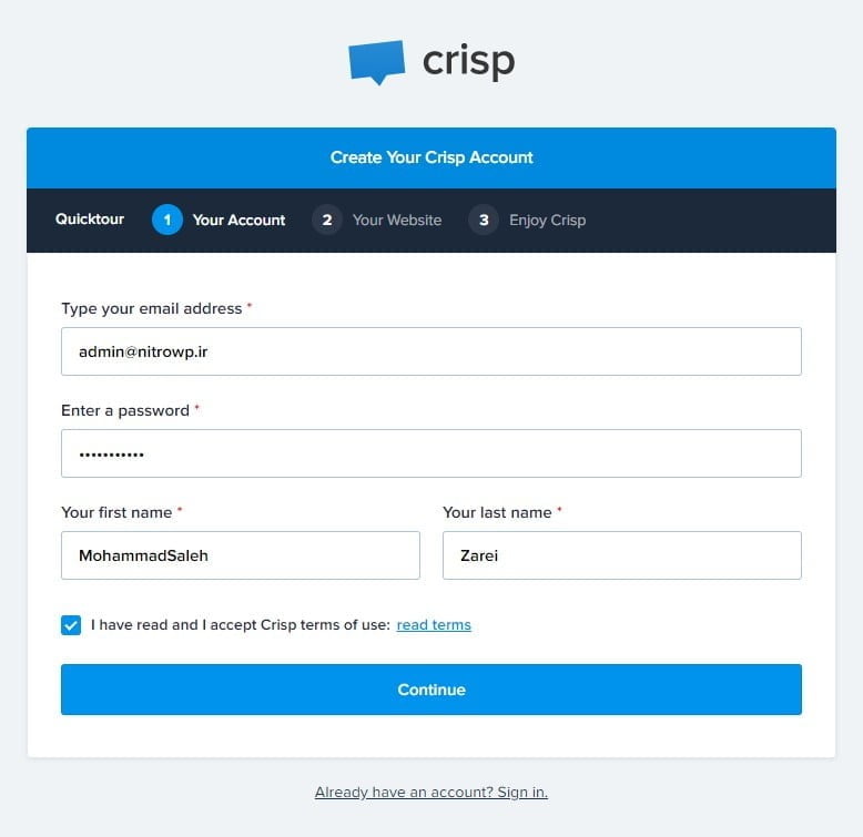ایجاد حساب کاربری در کریسپ